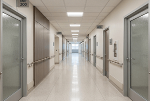 Empty hospital corridor with doors on both sides, handrails, and bright overhead lighting.