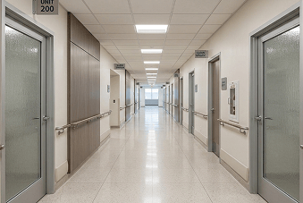 Empty hospital corridor with doors on both sides, handrails, and bright overhead lighting.