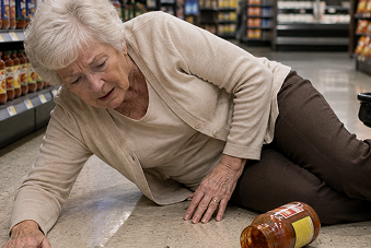 An elderly woman is on the grocery store floor, reaching toward a spilled bottle of orange juice.