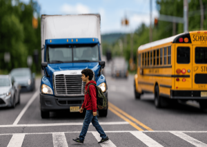 A young student with a backpack crosses a busy road at a crosswalk beside a blue truck and a yellow school bus in traffic.