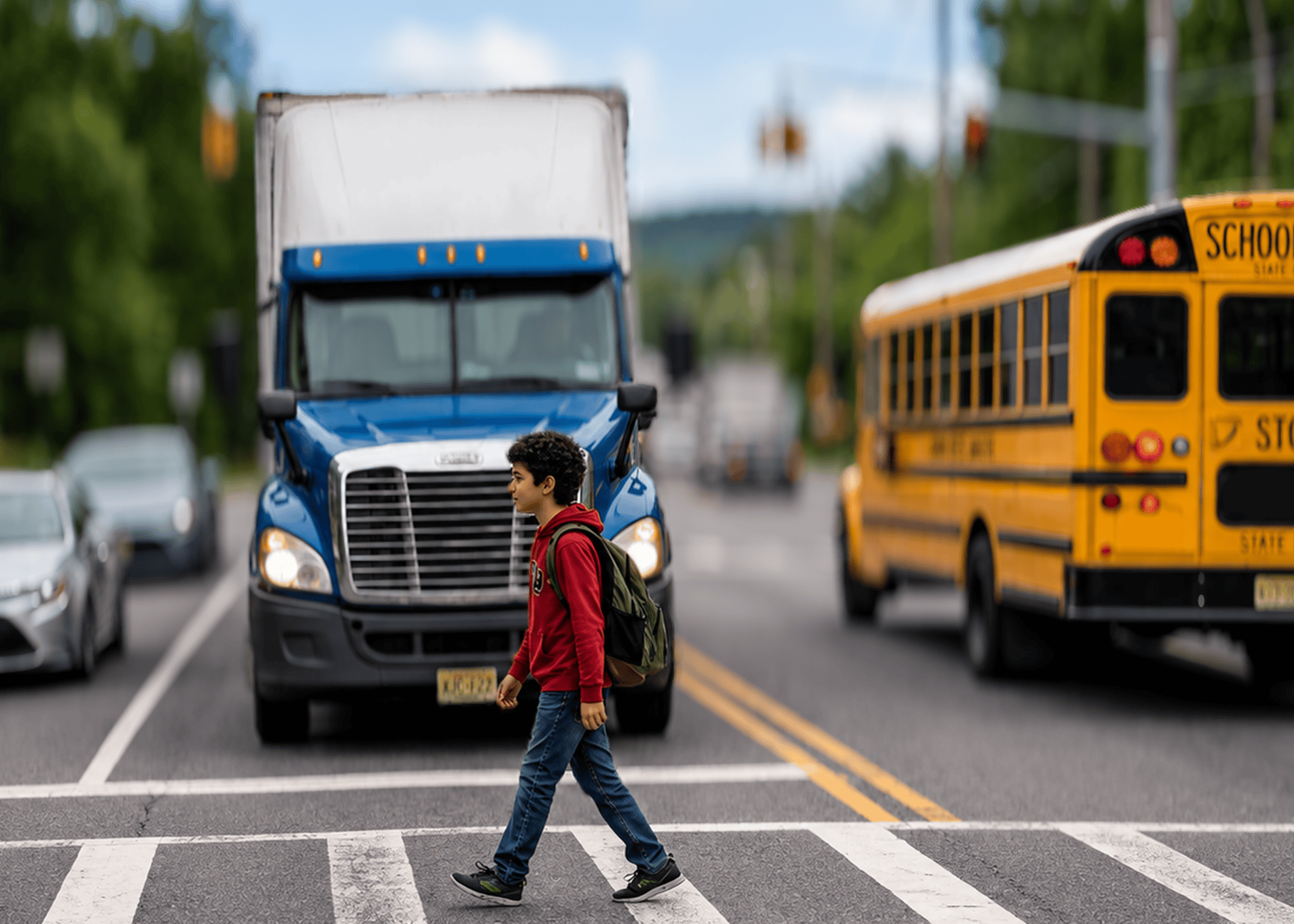 A young student with a backpack crosses a busy road at a crosswalk beside a blue truck and a yellow school bus in traffic.